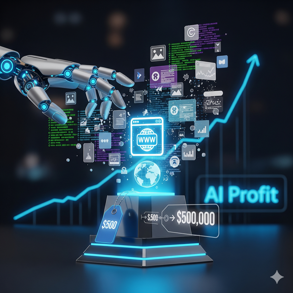 يد آلية تبني موقع إلكتروني، مع إشارة لسعر مرتفع، ترمز للربح من بيع المواقع بالذكاء الاصطناعي (Flipping).